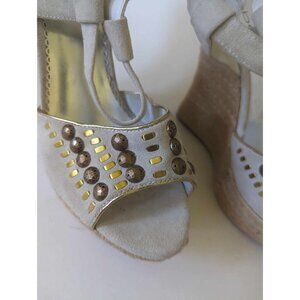 Size‎ 10  VTG BEBE heeled Sandals Studded Beige Cream Canvas Wedge Espadrilles